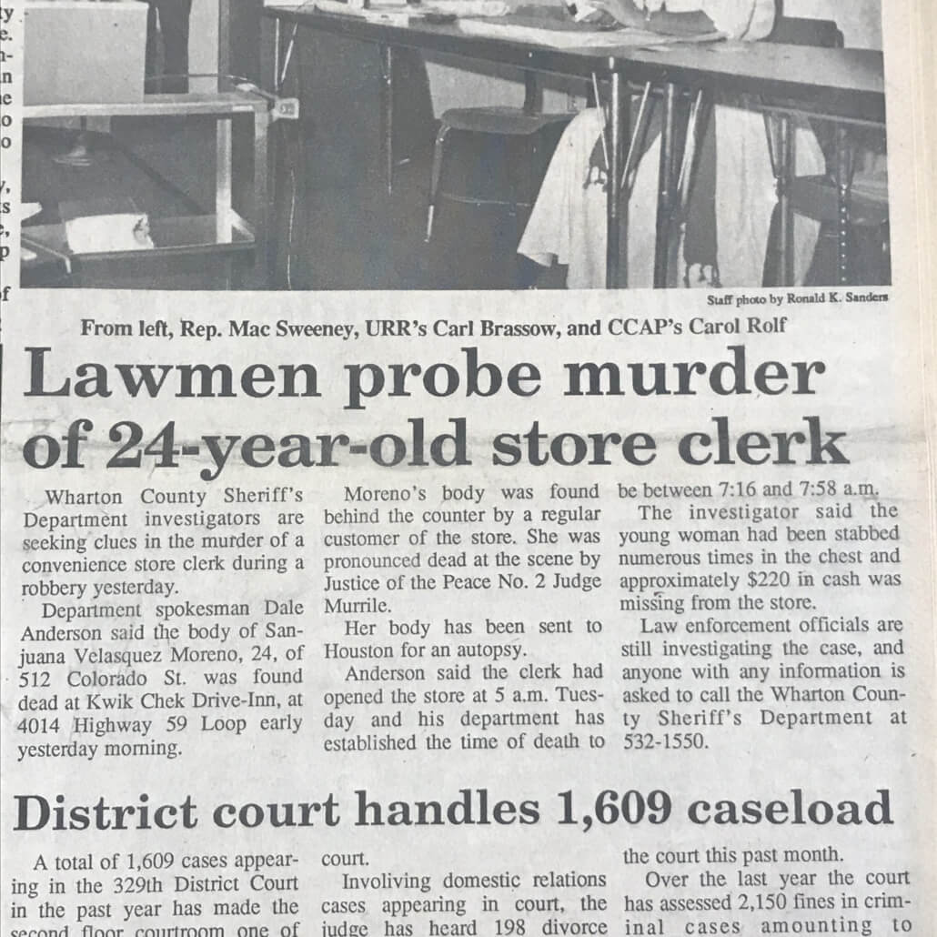 sanjuana moreno juana wharton texas unsolved murder cold case 1988 kwik check drive inn