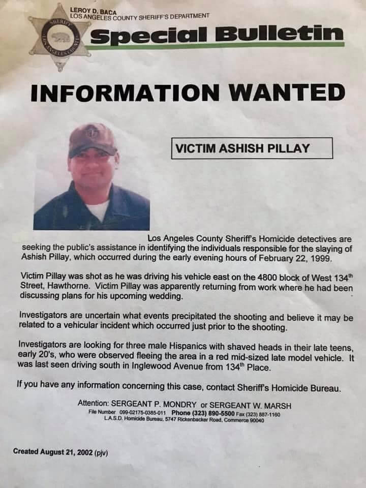 ashish bobby pillay los angeles california unsolved murder cold case